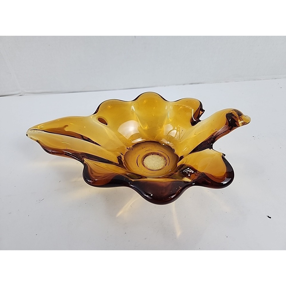 Vtg Art Glass‎ Amber Leaf Candy Trinket Dish Pulled Edge w Pontil 8.5" MCM Nice
